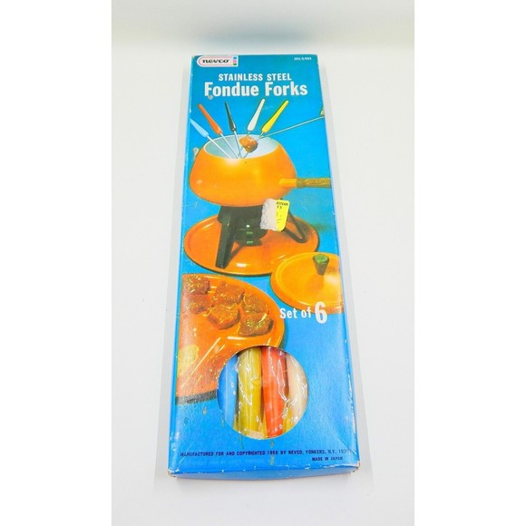 Nevco Stainless Steel Fondue Forks MCM Colored Handles Japan 1968 Set of 6 - Picture 5 of 6